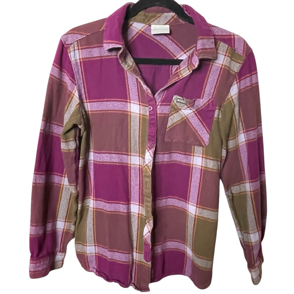 T106 Columbia Size Small Plaid Button-Up Shirt in Pink and Brown
